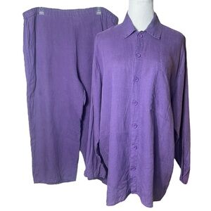 Vintage Flax Jeanne Engelhart Linen 2 Piece Pant Shirt Set Purple Lagenlook